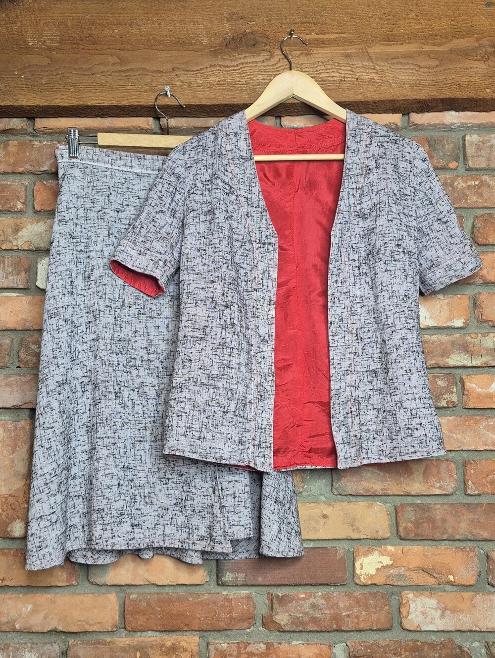 Vintage Handmade Style 2 Piece Skirt Suit XS Wrap Midi Tweed Red Lined Belted